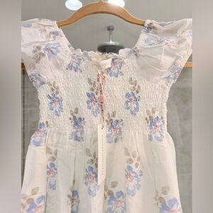 LoveShackFancy White Dress with Blue and Beige Floral Print